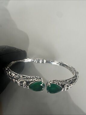 Sterling-Style Silver Dragon Head Bracelet with Green Stones